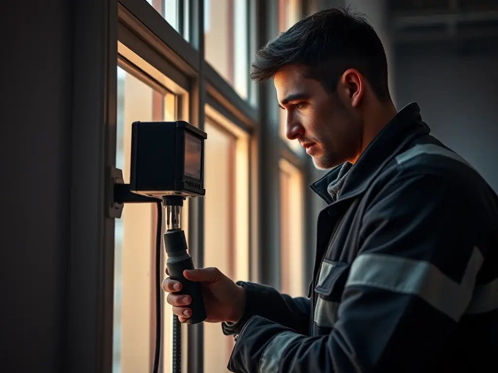 A professional conducting an air tightness test on a building, using specialized equipment to measure air leakage and identify areas for improvement.