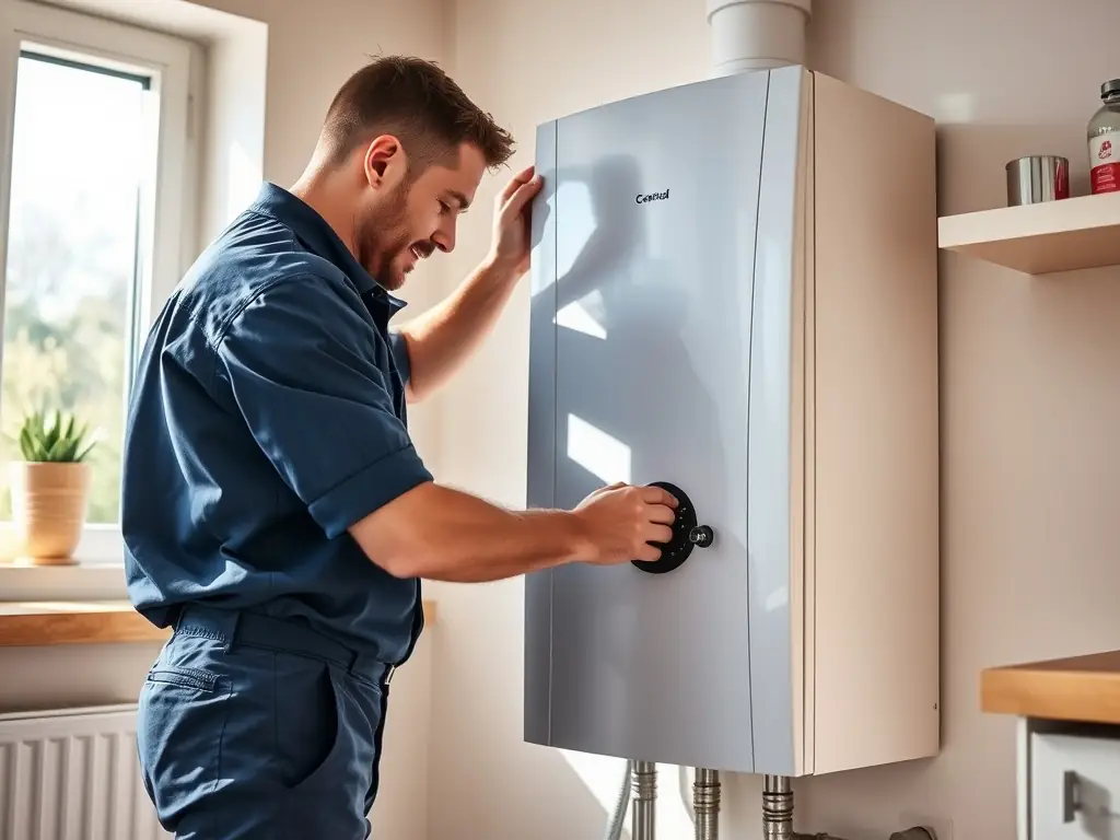 An image of a technician inspecting a boiler system with a digital device displaying energy ratings, set in a modern residential home.