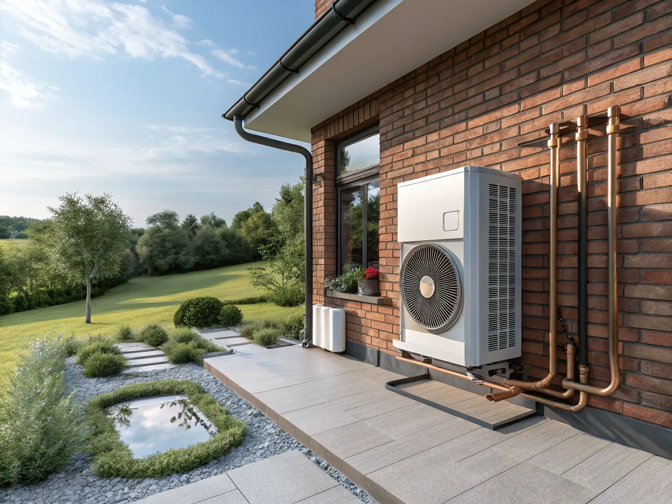 A modern heat pump system installed in a residential building, with a focus on its energy-efficient design and integration with the home's architecture.